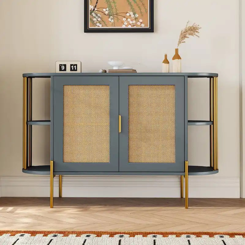 2-Door Elegant Curved Dining Cabinet with Gold Trim and Woven Rattan Doors for Dining Room (Black)