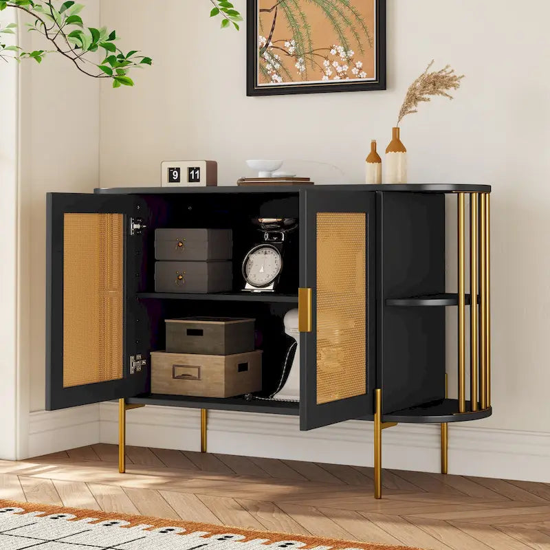2-Door Elegant Curved Dining Cabinet with Gold Trim and Woven Rattan Doors for Dining Room (Black)