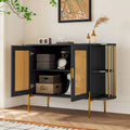2-Door Elegant Curved Dining Cabinet with Gold Trim and Woven Rattan Doors for Dining Room (Black)