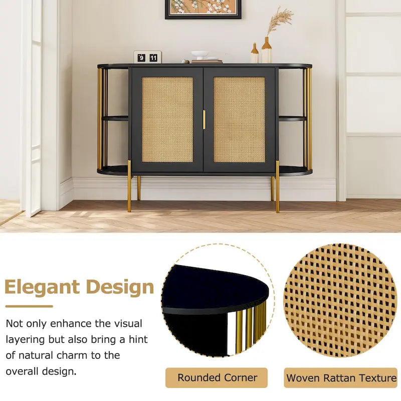 2-Door Elegant Curved Dining Cabinet with Gold Trim and Woven Rattan Doors for Dining Room (Black)