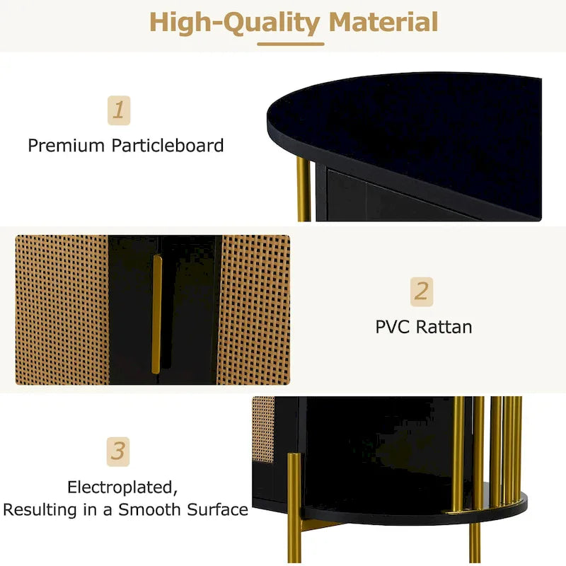 2-Door Elegant Curved Dining Cabinet with Gold Trim and Woven Rattan Doors for Dining Room (Black)