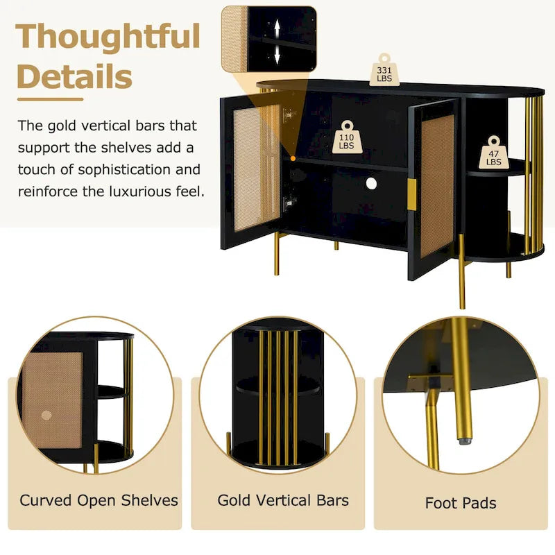 2-Door Elegant Curved Dining Cabinet with Gold Trim and Woven Rattan Doors for Dining Room (Black)