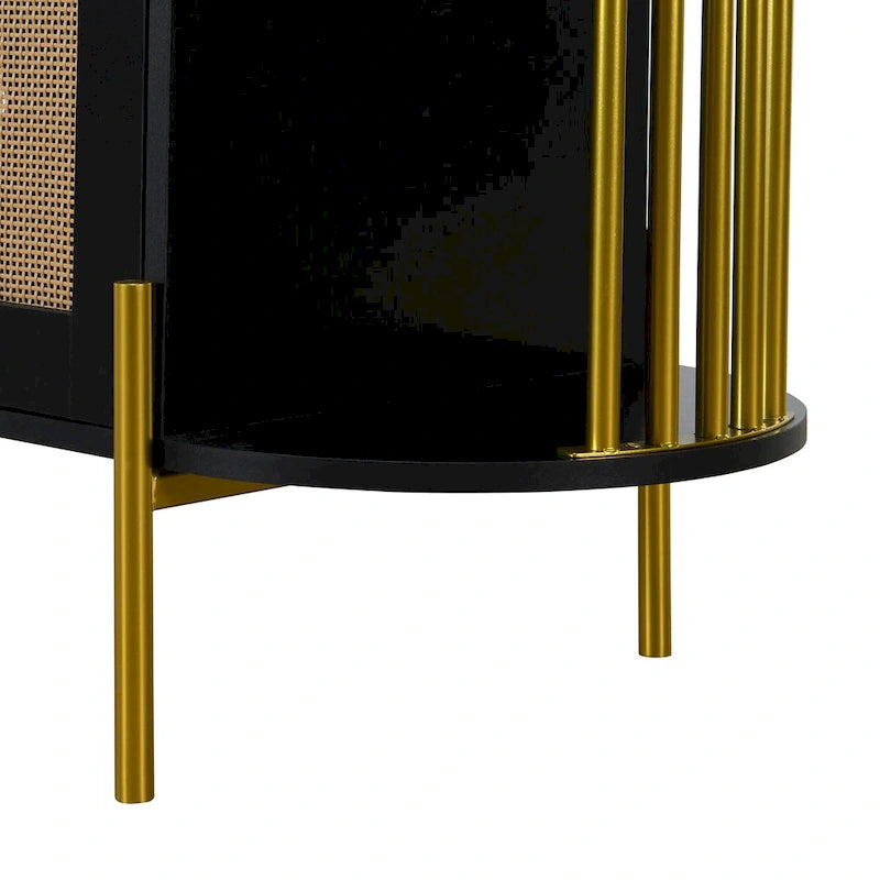 2-Door Elegant Curved Dining Cabinet with Gold Trim and Woven Rattan Doors for Dining Room (Black)
