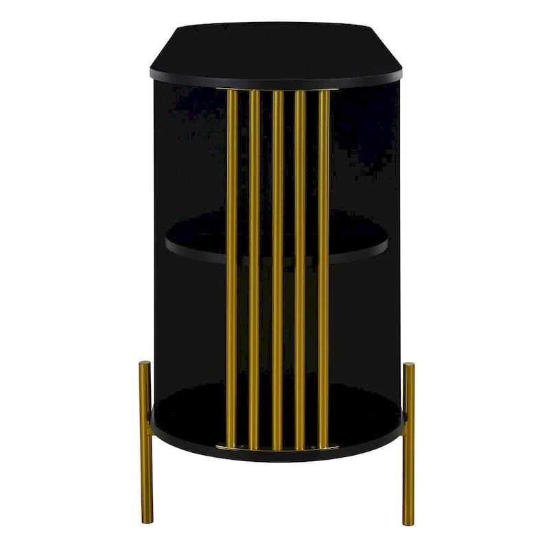 2-Door Elegant Curved Dining Cabinet with Gold Trim and Woven Rattan Doors for Dining Room (Black)
