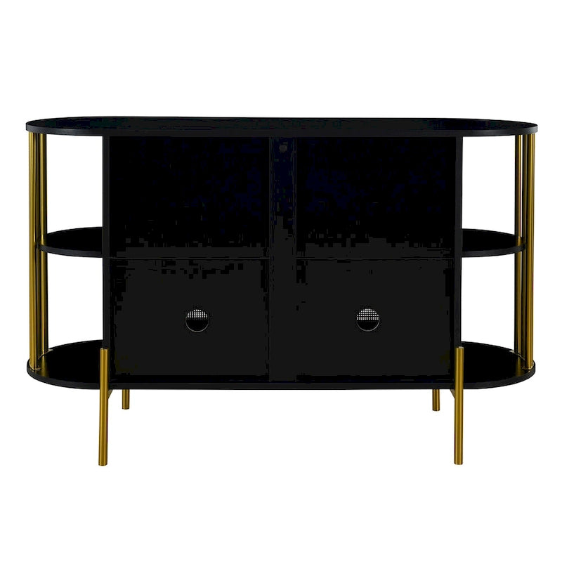 2-Door Elegant Curved Dining Cabinet with Gold Trim and Woven Rattan Doors for Dining Room (Black)
