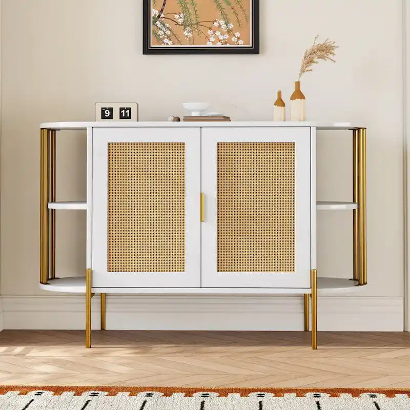 2-Door Elegant Curved Dining Cabinet with Gold Trim and Woven Rattan Doors for Dining Room (Black)