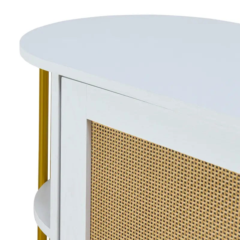 2-Door Elegant Curved Dining Cabinet with Gold Trim and Woven Rattan Doors for Dining Room (Black)
