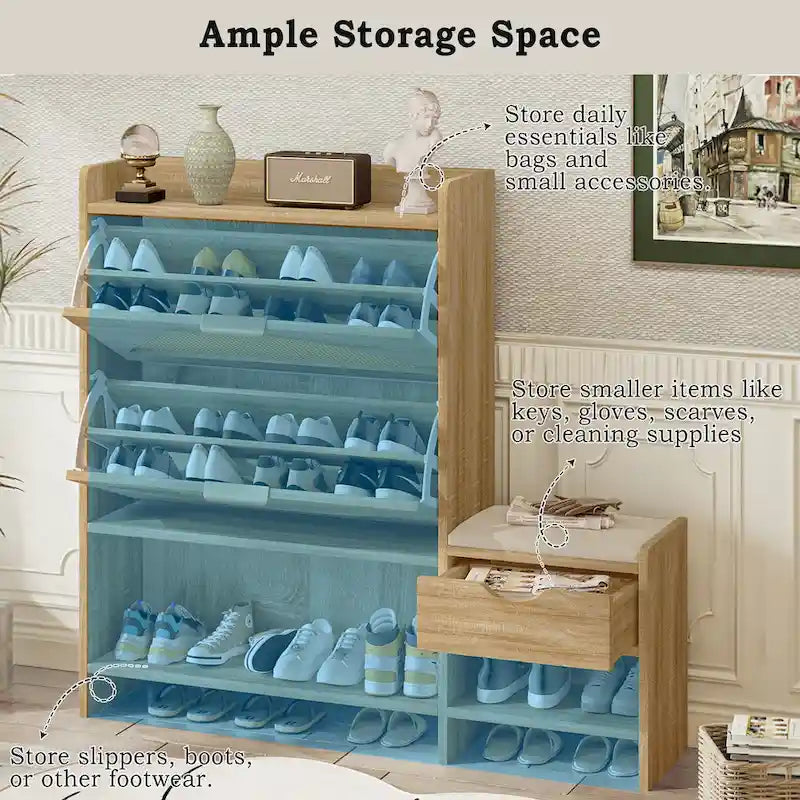 47.2 Rattan Shoe Storage Cabinet with 2 Flip Drawers, Narrow Shoe Rack Cabinet with 1 Storage Drawer & Bench for Hallway