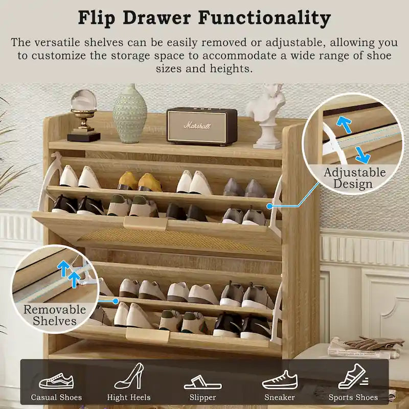 47.2 Rattan Shoe Storage Cabinet with 2 Flip Drawers, Narrow Shoe Rack Cabinet with 1 Storage Drawer & Bench for Hallway