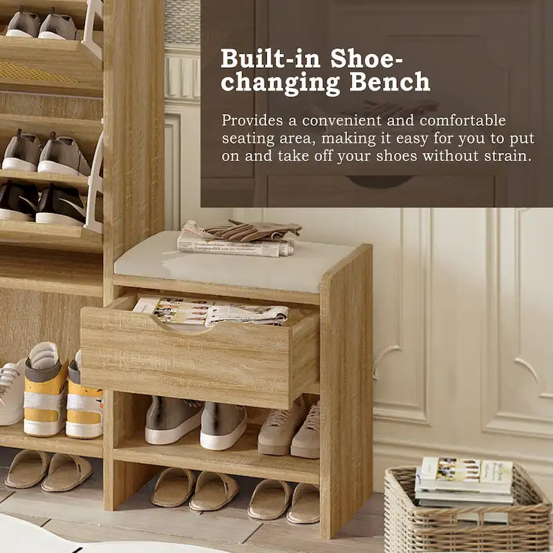 47.2 Rattan Shoe Storage Cabinet with 2 Flip Drawers, Narrow Shoe Rack Cabinet with 1 Storage Drawer & Bench for Hallway