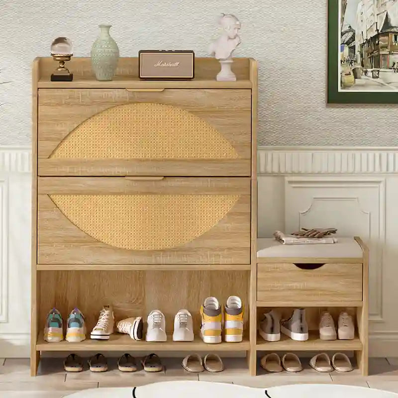 47.2 Rattan Shoe Storage Cabinet with 2 Flip Drawers, Narrow Shoe Rack Cabinet with 1 Storage Drawer & Bench for Hallway