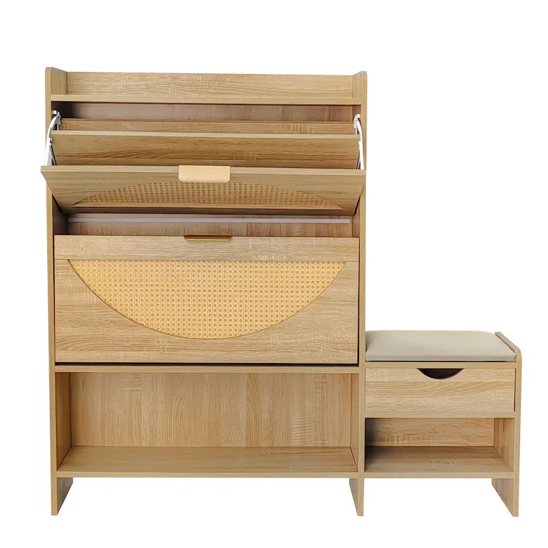 47.2 Rattan Shoe Storage Cabinet with 2 Flip Drawers, Narrow Shoe Rack Cabinet with 1 Storage Drawer & Bench for Hallway
