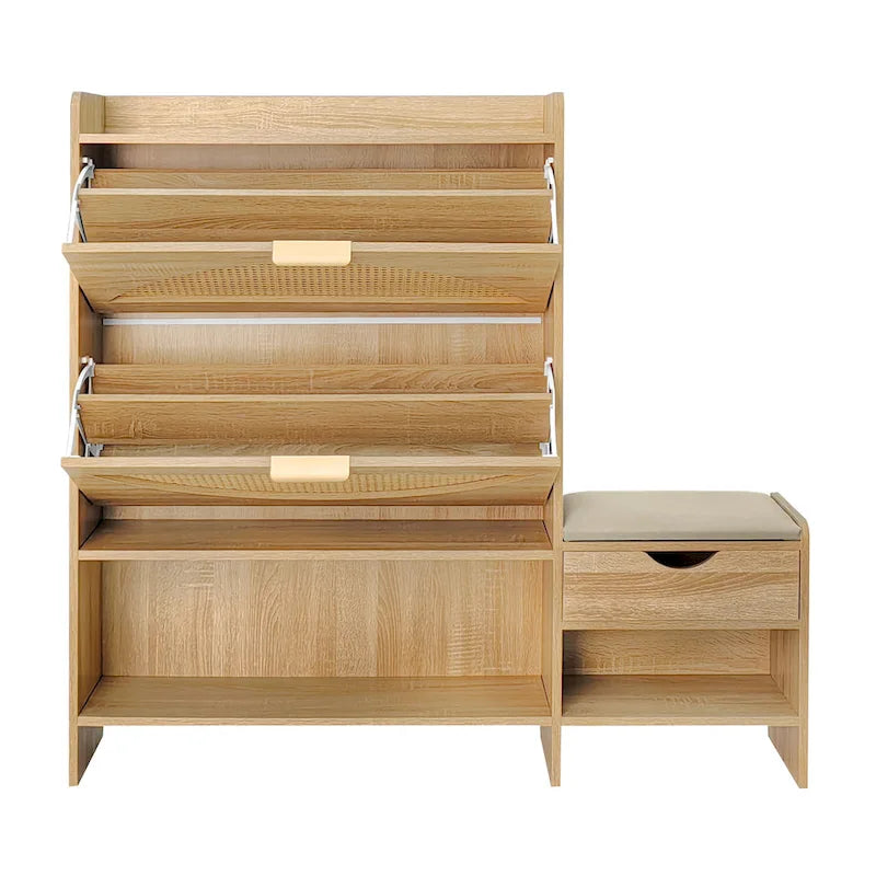 47.2 Rattan Shoe Storage Cabinet with 2 Flip Drawers, Narrow Shoe Rack Cabinet with 1 Storage Drawer & Bench for Hallway