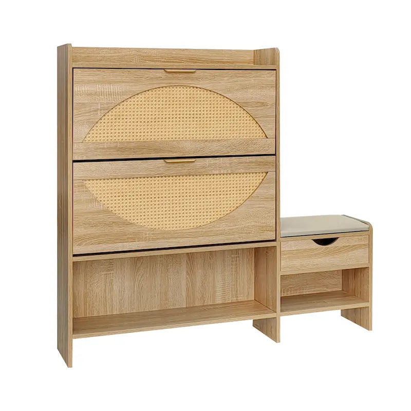 47.2 Rattan Shoe Storage Cabinet with 2 Flip Drawers, Narrow Shoe Rack Cabinet with 1 Storage Drawer & Bench for Hallway