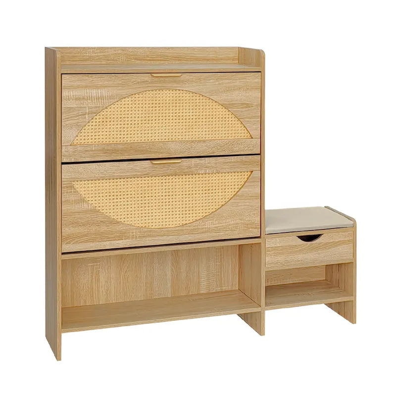 47.2 Rattan Shoe Storage Cabinet with 2 Flip Drawers, Narrow Shoe Rack Cabinet with 1 Storage Drawer & Bench for Hallway