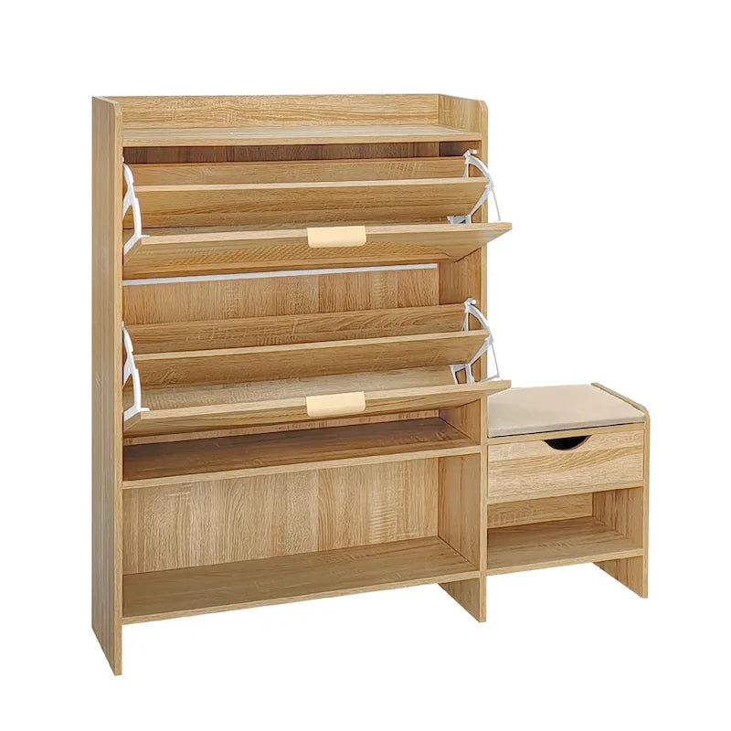 47.2 Rattan Shoe Storage Cabinet with 2 Flip Drawers, Narrow Shoe Rack Cabinet with 1 Storage Drawer & Bench for Hallway