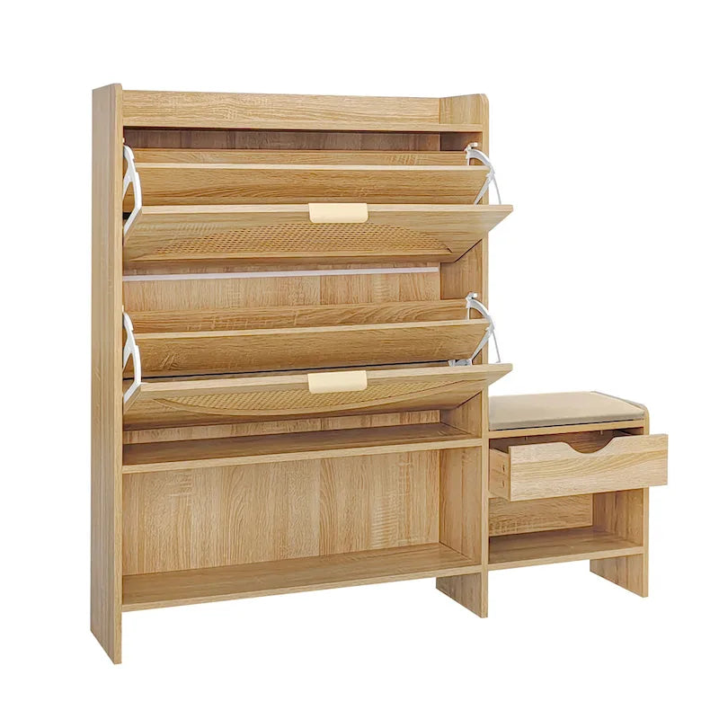 47.2 Rattan Shoe Storage Cabinet with 2 Flip Drawers, Narrow Shoe Rack Cabinet with 1 Storage Drawer & Bench for Hallway