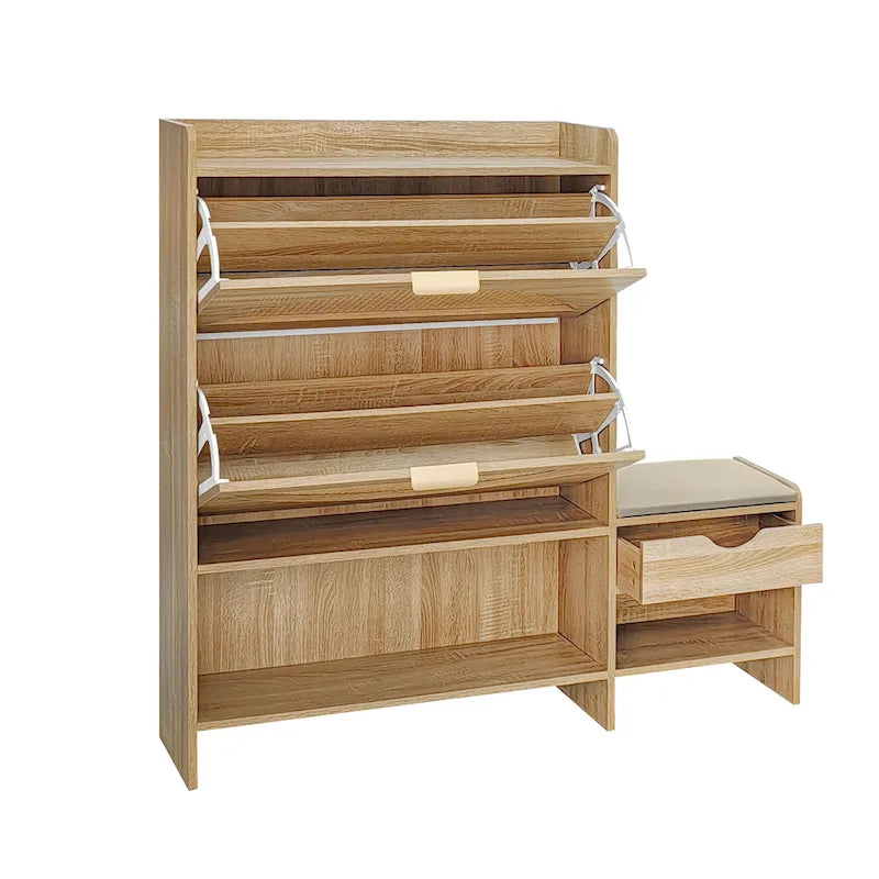 47.2 Rattan Shoe Storage Cabinet with 2 Flip Drawers, Narrow Shoe Rack Cabinet with 1 Storage Drawer & Bench for Hallway