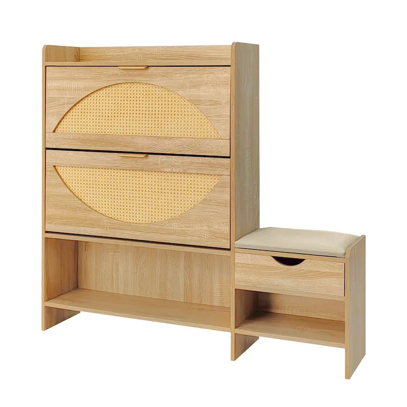 47.2 Rattan Shoe Storage Cabinet with 2 Flip Drawers, Narrow Shoe Rack Cabinet with 1 Storage Drawer & Bench for Hallway