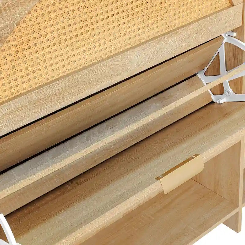 47.2 Rattan Shoe Storage Cabinet with 2 Flip Drawers, Narrow Shoe Rack Cabinet with 1 Storage Drawer & Bench for Hallway