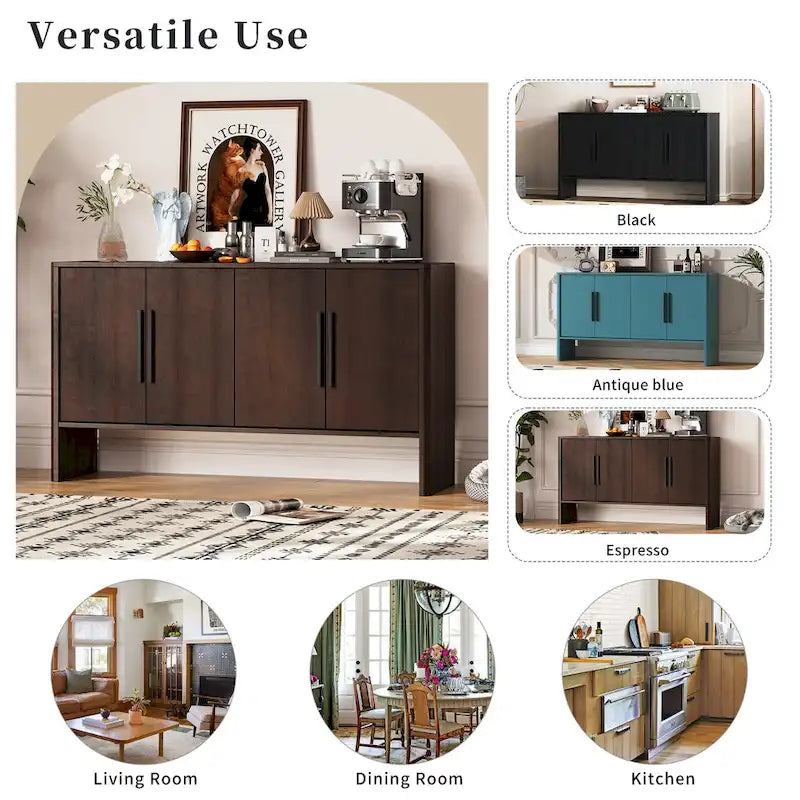 4-Door Wood Sideboard Buffet Cabinet with Adjustable Shelves & Long Handles