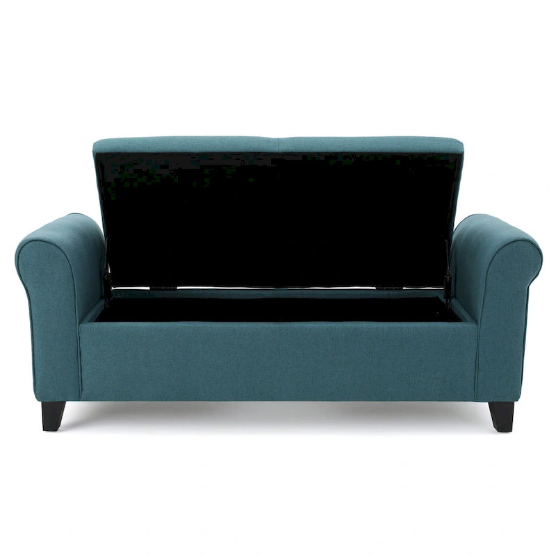 Storage Bench, 50 Inch, Rolled Arms, Solid Wood, Dark Teal Blue