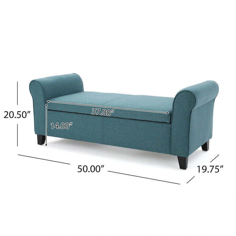 Storage Bench, 50 Inch, Rolled Arms, Solid Wood, Dark Teal Blue