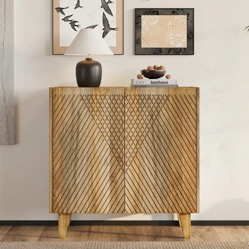 Wood Accent Cabinet with Storage, Rustic Mango Wood Storage Cabinet with Fluted Design and Adjustable Shelf