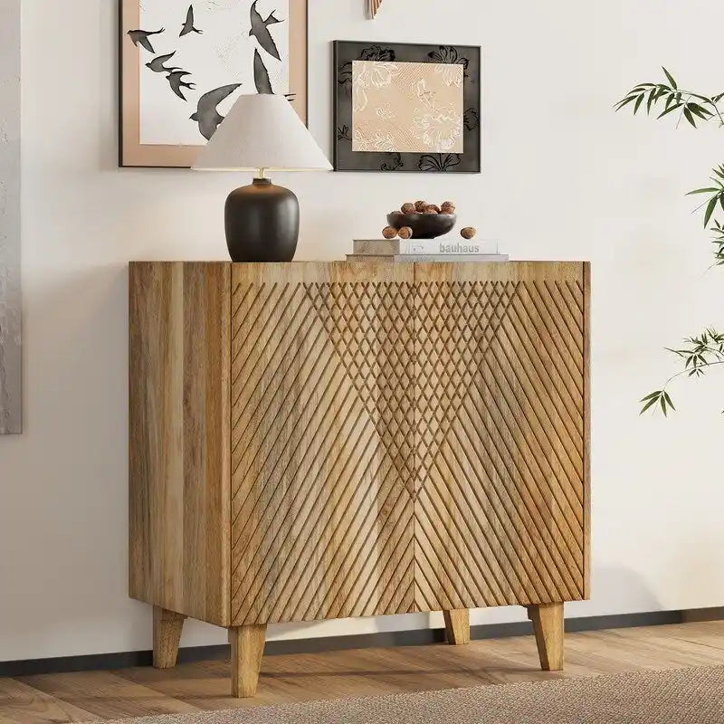 Wood Accent Cabinet with Storage, Rustic Mango Wood Storage Cabinet with Fluted Design and Adjustable Shelf