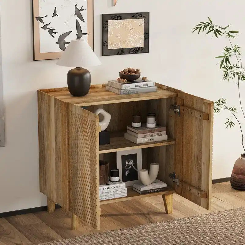 Wood Accent Cabinet with Storage, Rustic Mango Wood Storage Cabinet with Fluted Design and Adjustable Shelf
