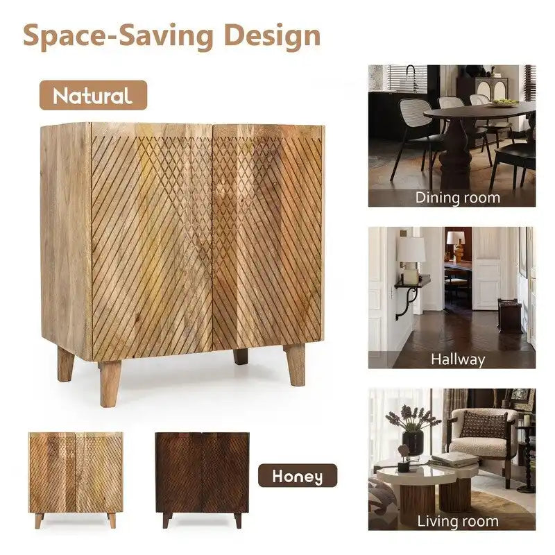 Wood Accent Cabinet with Storage, Rustic Mango Wood Storage Cabinet with Fluted Design and Adjustable Shelf
