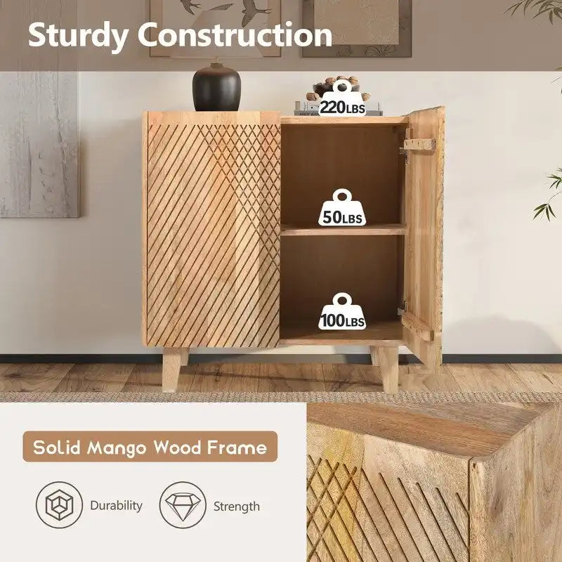 Wood Accent Cabinet with Storage, Rustic Mango Wood Storage Cabinet with Fluted Design and Adjustable Shelf