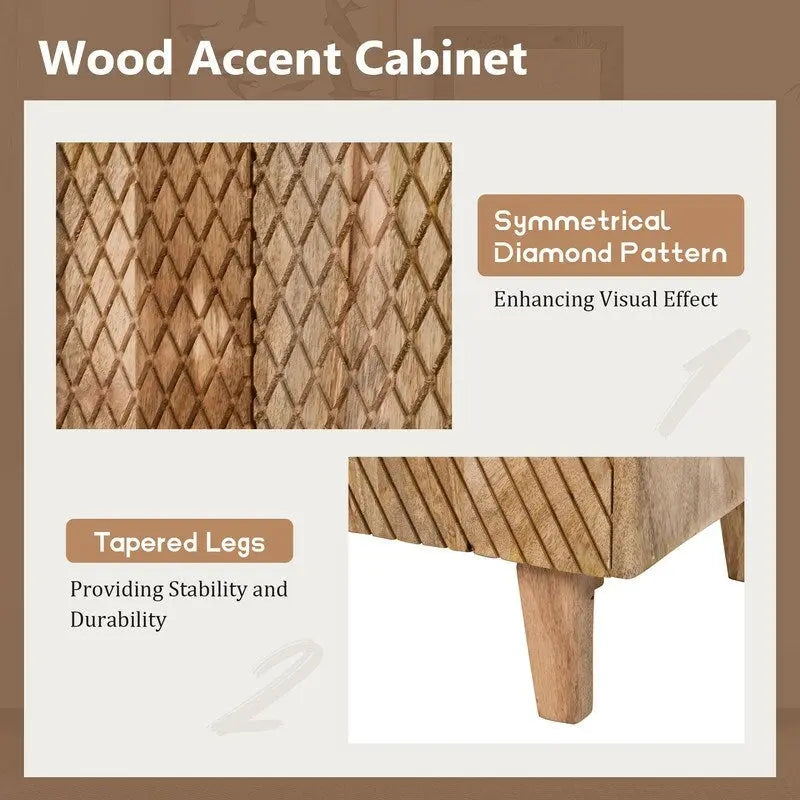 Wood Accent Cabinet with Storage, Rustic Mango Wood Storage Cabinet with Fluted Design and Adjustable Shelf