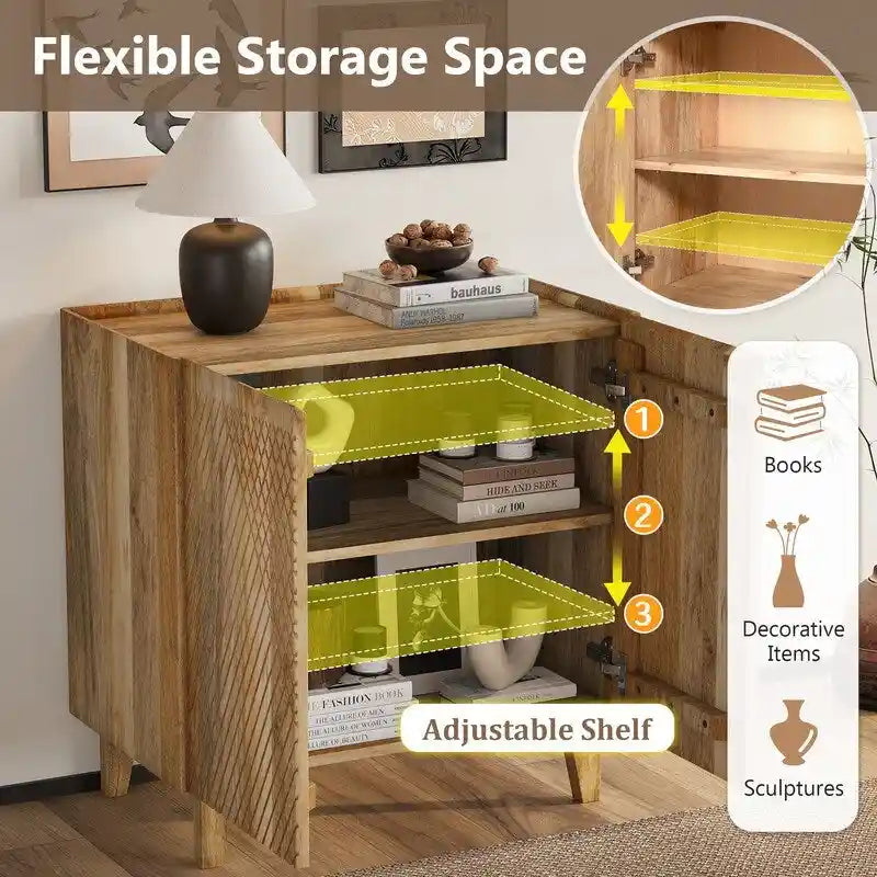 Wood Accent Cabinet with Storage, Rustic Mango Wood Storage Cabinet with Fluted Design and Adjustable Shelf