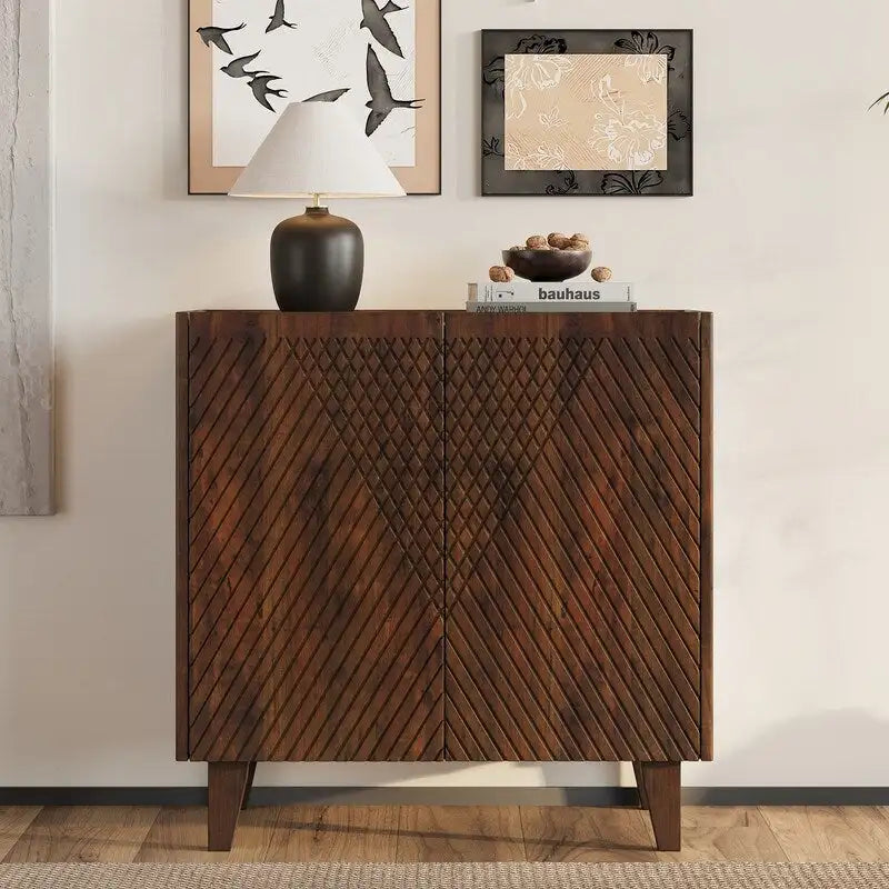 Wood Accent Cabinet with Storage, Rustic Mango Wood Storage Cabinet with Fluted Design and Adjustable Shelf