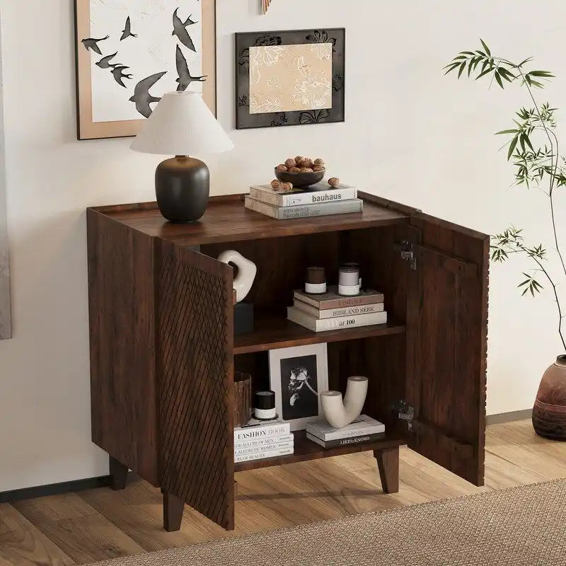 Wood Accent Cabinet with Storage, Rustic Mango Wood Storage Cabinet with Fluted Design and Adjustable Shelf