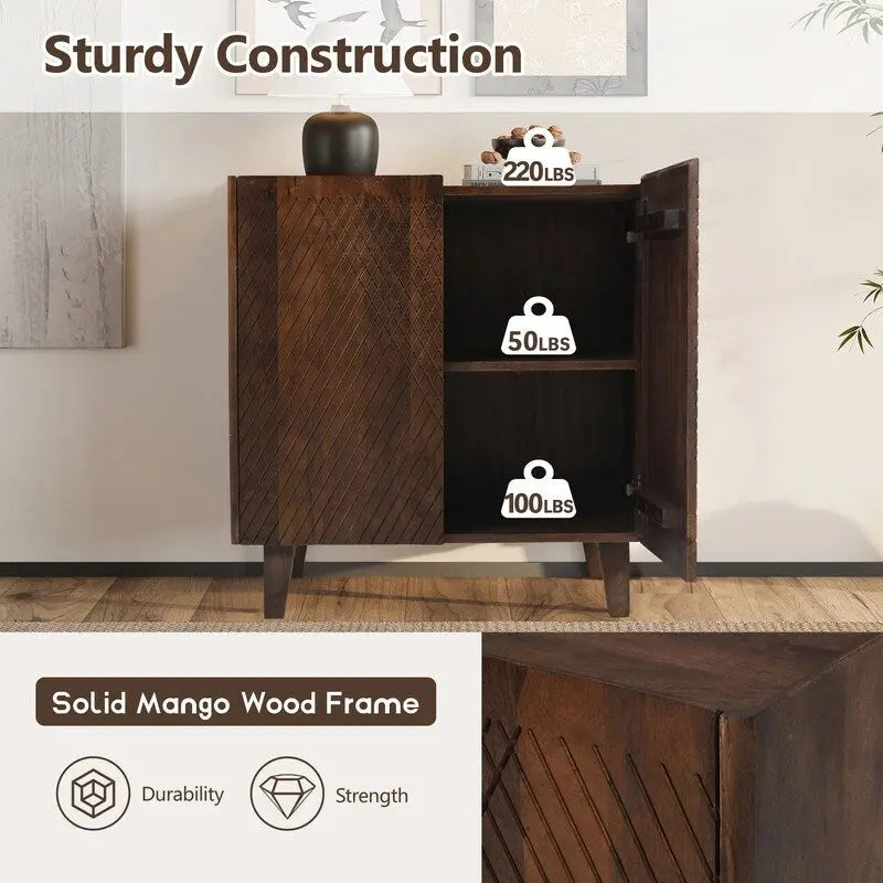 Wood Accent Cabinet with Storage, Rustic Mango Wood Storage Cabinet with Fluted Design and Adjustable Shelf