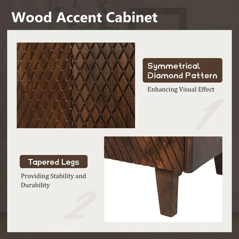 Wood Accent Cabinet with Storage, Rustic Mango Wood Storage Cabinet with Fluted Design and Adjustable Shelf