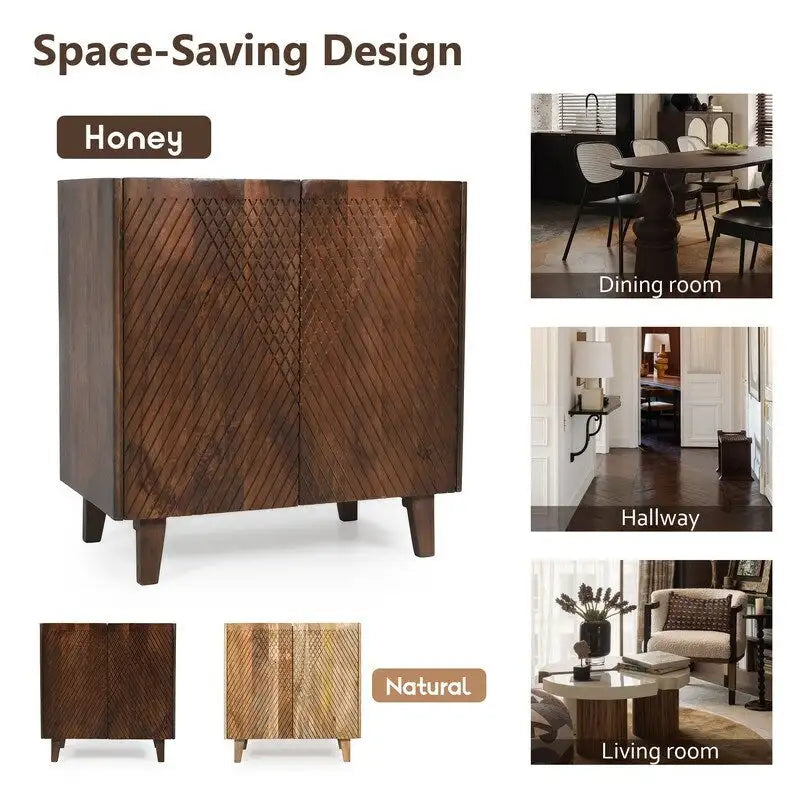 Wood Accent Cabinet with Storage, Rustic Mango Wood Storage Cabinet with Fluted Design and Adjustable Shelf