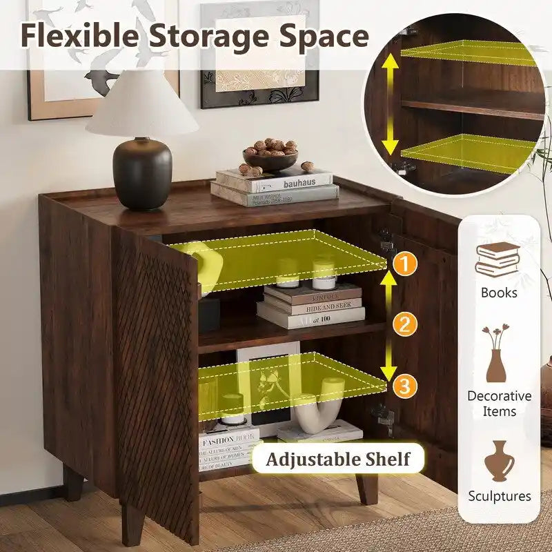 Wood Accent Cabinet with Storage, Rustic Mango Wood Storage Cabinet with Fluted Design and Adjustable Shelf