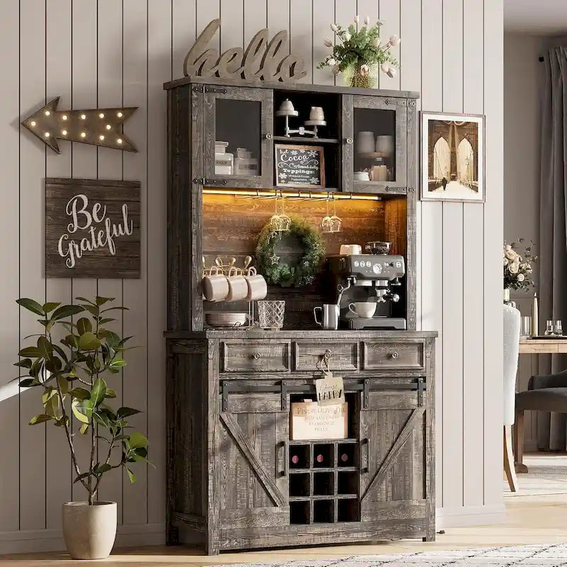 Modern Farmhouse Coffee Bar Cabinet with LED Lights & Power Outlets, Kitchen Cabinet