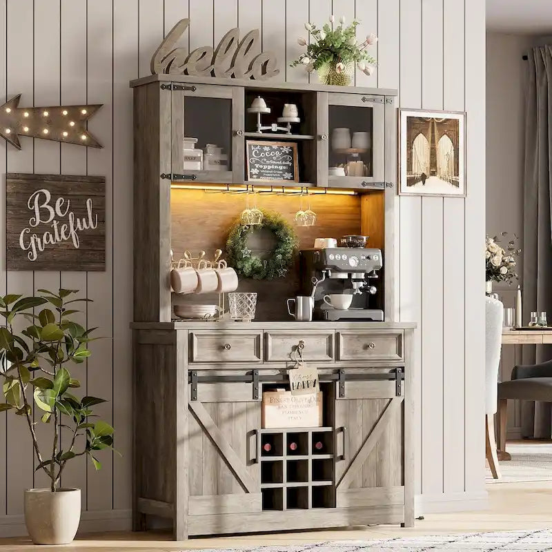 Modern Farmhouse Coffee Bar Cabinet with LED Lights & Power Outlets, Kitchen Cabinet