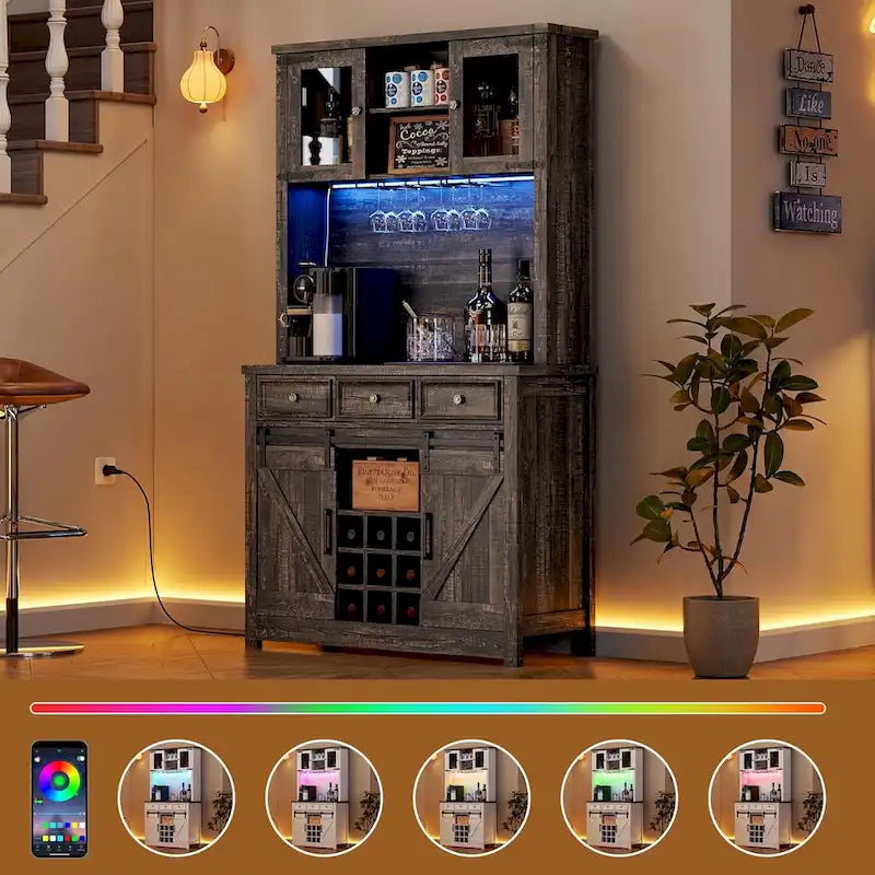Modern Farmhouse Coffee Bar Cabinet with LED Lights & Power Outlets, Kitchen Cabinet