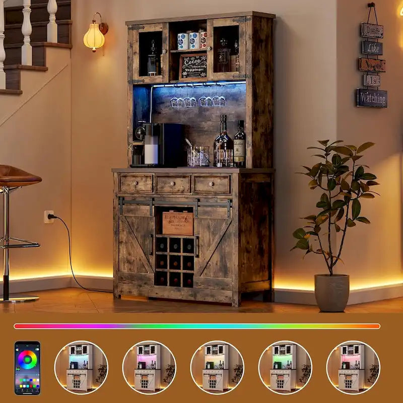 Modern Farmhouse Coffee Bar Cabinet with LED Lights & Power Outlets, Kitchen Cabinet
