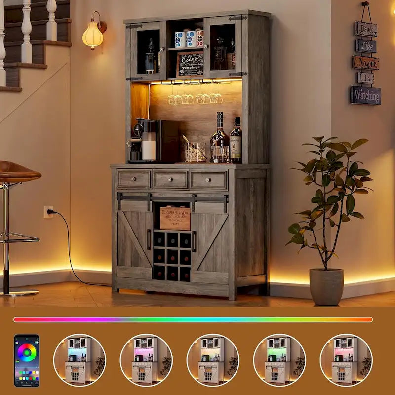 Modern Farmhouse Coffee Bar Cabinet with LED Lights & Power Outlets, Kitchen Cabinet
