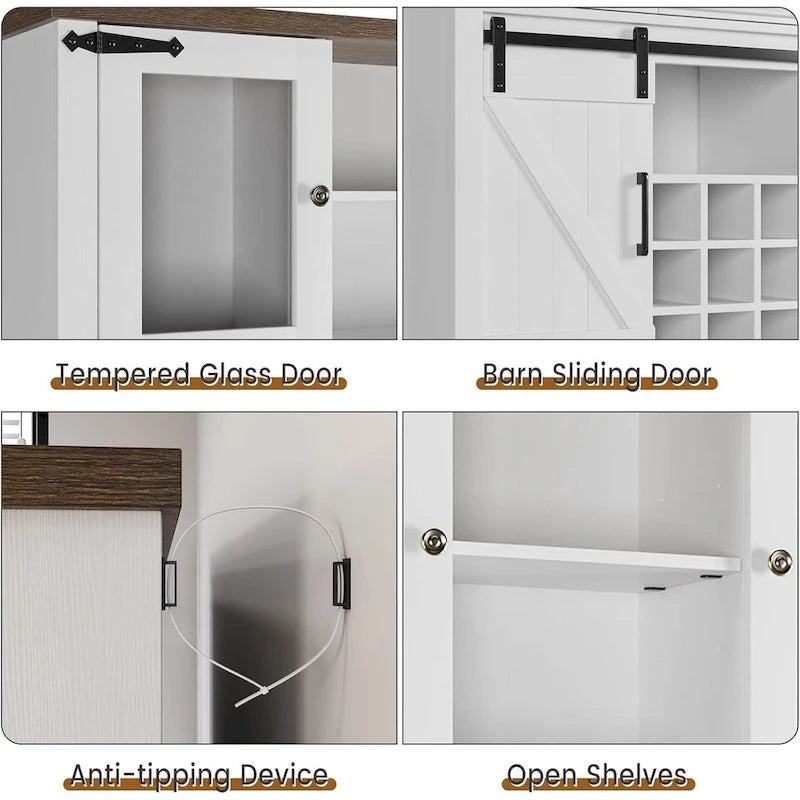 Modern Farmhouse Coffee Bar Cabinet with LED Lights & Power Outlets, Kitchen Cabinet