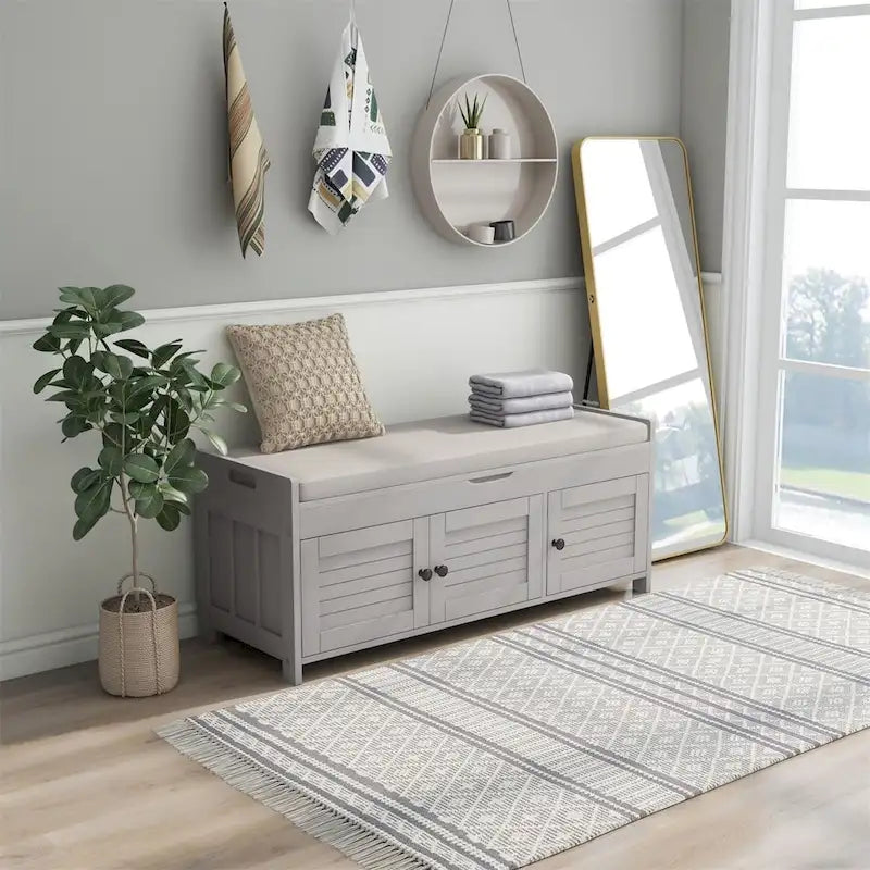 Merax 3 Shutter-shaped Doors Storage Bench with Removable Cushion