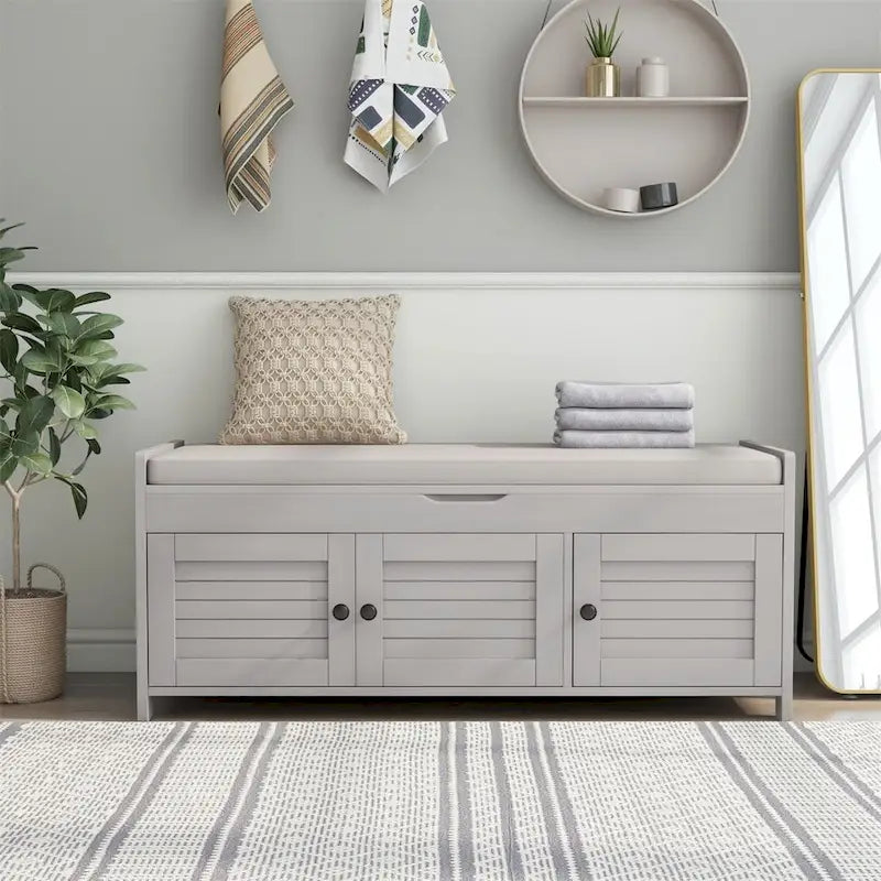 3 Shutter-shaped Doors Storage Bench with Removable Cushion