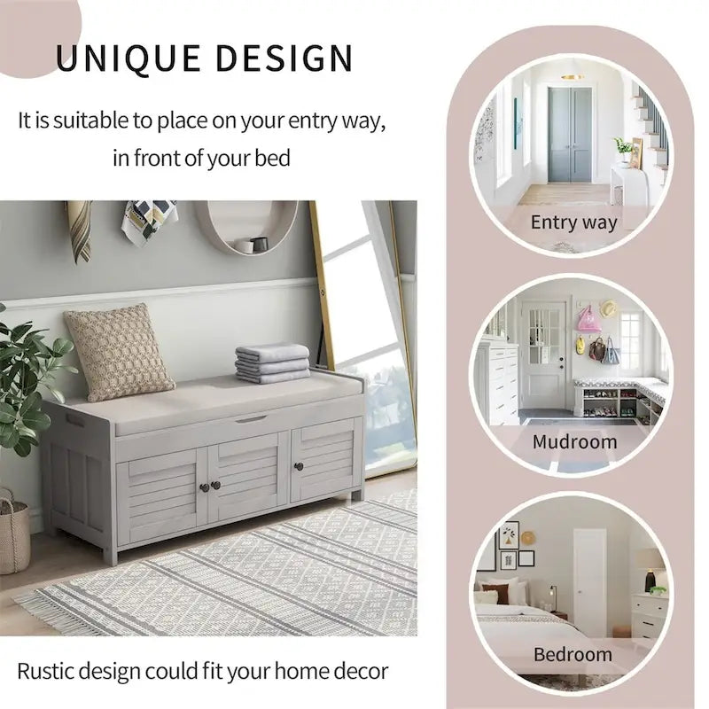3 Shutter-shaped Doors Storage Bench with Removable Cushion