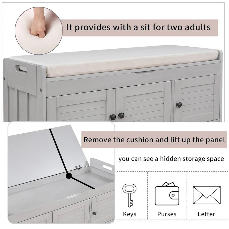 3 Shutter-shaped Doors Storage Bench with Removable Cushion